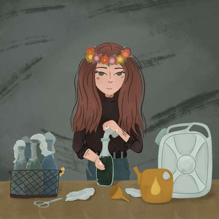 No war in Ukraine. Young girl prepares a Molotov cocktail. Symbol of the war in Ukraine.の写真素材
