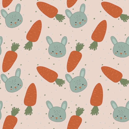 Seamless pattern with hares and carrots. Illustration on a beige background. Cute rabbit, bunny, cartoon kawaii line. Traditional Easter design. For spring decoration, wrapping paper, postcards.の写真素材
