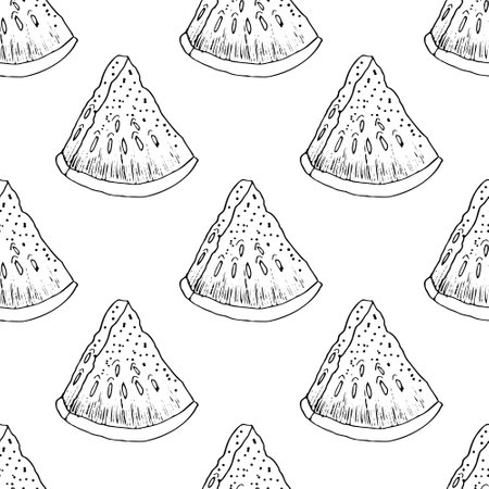 Hand drawn watermelon seamless pattern, isolated on white background. Realistic fruits in technique vintage engraving. Kitchen design with food.のイラスト素材