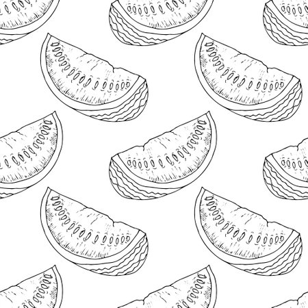 Hand drawn watermelon seamless pattern, isolated on white background. Realistic fruits in technique vintage engraving. Kitchen design with food.のイラスト素材