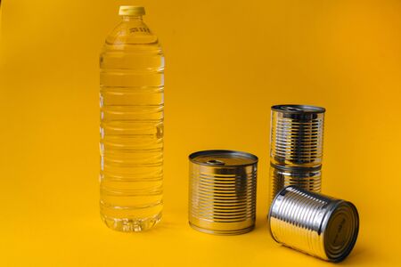 Food supplies crisis food stock for coronavirus quarantine isolation period in yellow background....