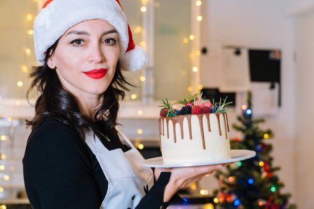 Chef-cooker is holding homemade christmas fruit cake. Happy New Year and Merry Christmas Background. Winter decorations over dark background with defocus xmas tree light. Selective Focus.の写真素材