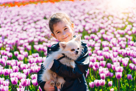 Cute teen girl with long hair smelling tulip flower on tulip fields in Amsterdam region, Holland, Netherlands.の写真素材