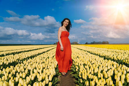 Beautiful Woman in summer dres standing in colorful tulip flower fields in Amsterdam region, Holland, Netherlands. Magical Netherlands landscape with tulip field in Holland Trevel and spring conceptの写真素材