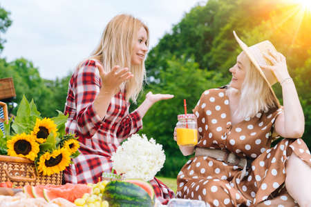 Friends is making picnic outdoor. Laughing girls sitting on white knit picnic blanket drinking wine. Happy young women talking, smiling outdoors on Summer picnic on sunny day at park.の写真素材