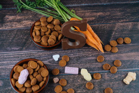 Dutch holiday Sinterklaas. Background with traditional food - pepernoten, chocolate letter, sweets strooigoed and carrots for horse. Concept for children party in Saint Nicolas day five decemberの写真素材
