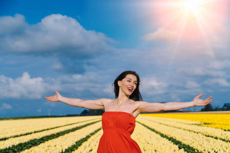 Beautiful Woman in summer dres standing in colorful tulip flower fields in Amsterdam region, Holland, Netherlands. Magical Netherlands landscape with tulip field in Holland Trevel and spring conceptの写真素材