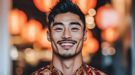 Happy smiling asian boy wearing beautiful traditional red dress on bokeh background. Men celebrate Chinese New Year. Design for festival posters, greeting cards and banner Travel and tourismの素材