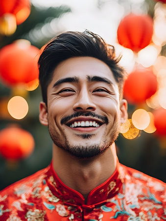Happy smiling asian boy wearing beautiful traditional red dress on bokeh background. Men celebrate Chinese New Year. Design for festival posters, greeting cards and banner Travel and tourismの素材