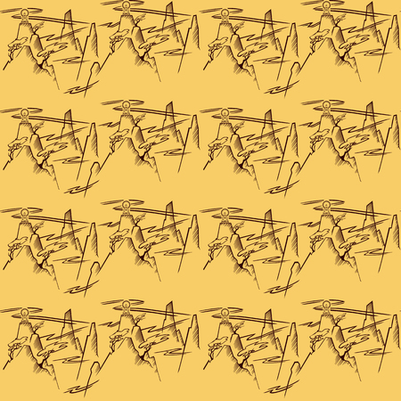 A seamless vector pattern, with stylized cliffs, trees, and sitting monks.のイラスト素材