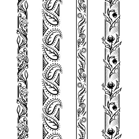 A set of four monochrome floral pattern lines. With stylized herbs and thistle.のイラスト素材