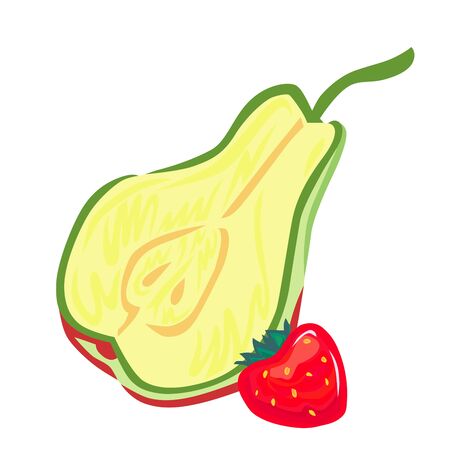 A stylized vector image of half of pear and whole strawberry.のイラスト素材