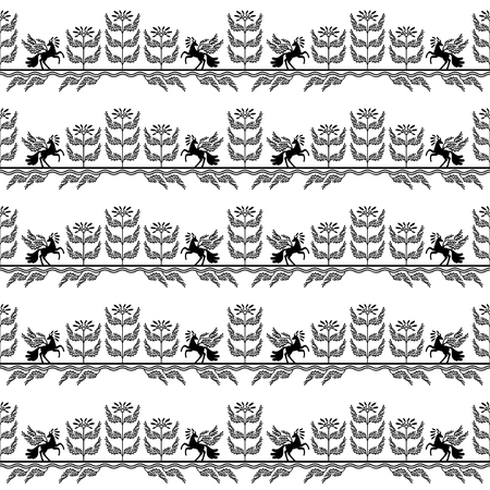 A seamless vector pattern with rearing pegasus, and stylized trees.のイラスト素材