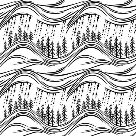 A seamless monochrome vector pattern, with stylized fir tree forest, and falling rain.のイラスト素材