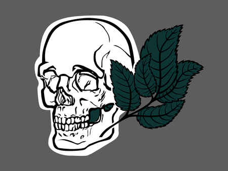 A vector image of stylized human skull, with green leave, on grey background.のイラスト素材