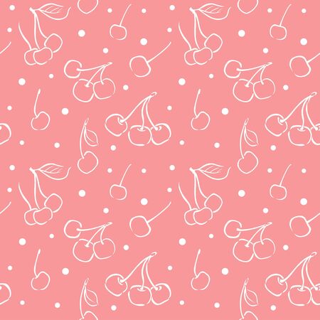A seamless vector pattern with stylized cherries and polka dot, on pink background.のイラスト素材