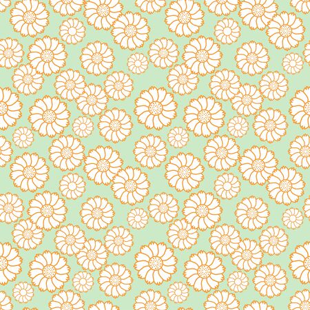 A seamless vector pattern, with stylized daisies. White flowers, with orange outline, on green background.のイラスト素材