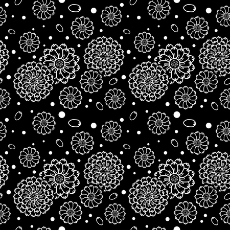 A seamless floral vector pattern, With white stylized linear flowers, big and small, petals, and polka dot, on black background.のイラスト素材