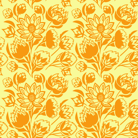 A seamless vector pattern, with stylized orange flowers on yellow background.のイラスト素材