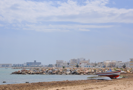View of the beach with empty boatsの写真素材