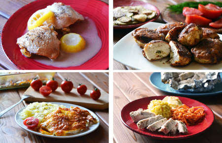 Four different traditional dishes of chicken meat - baked abd grilledの写真素材