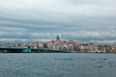 view of the Galata Tower and Galata Bridge, Istanbul, Turkey  March 2013のeditorial素材