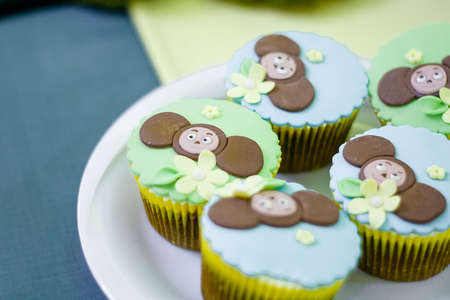 Izmail, Ukraine - 2017. Birthday cupcakes with famous Russian cartoon character Cheburashka mastic figures.のeditorial素材