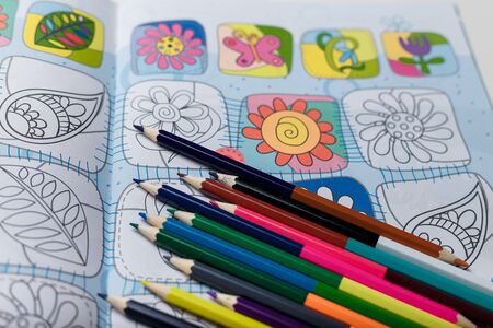 Coloring antistress book and double sided pencils の写真素材