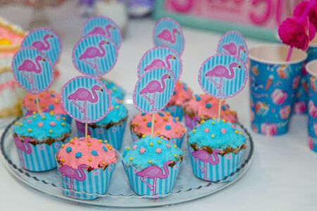 Izmail, Ukraine - February 2017. Girl birthday muffins glazed with sprinkles and flamingo pictures.の写真素材