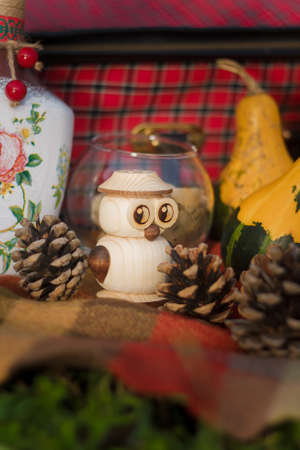 Autumn composition with plaid, pumpkins, dry leaves, red suitcase and wooden owl toy. Vertical shot, copy space.の写真素材