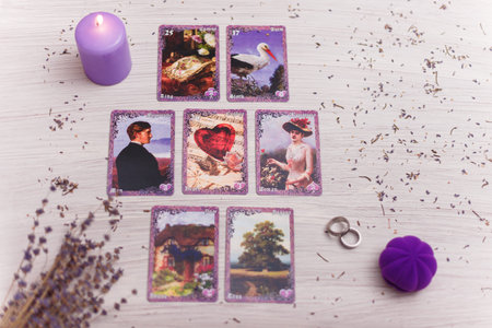 Divination cards alignment for love and family. Candle and wedding rings. Men and women...