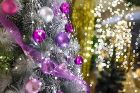 Christmas tree branches with purple decorative bulbs and warm lights bokeh. Shiny sparkling garlands. New Year eve and waiting for miracle concept.の写真素材