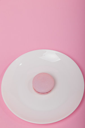 One pink macaroon on white plate on pink paper background. Sweet bakery, copy space. Overweight, diet, diabetes, healthy eating habits.の写真素材