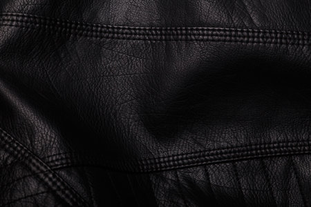 Black leather jacket texture with seams. Background or backdrop, clothing surface.