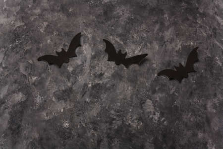 Scary Halloween black flying bat sticker on gray background. Happy Halloweed three bats frame holiday card, copy spaceの写真素材