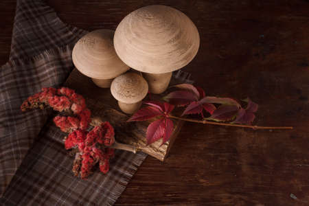Wooden toy mushrooms, red autumn leaves on fabric napkin, wooden rustic background, top view.の写真素材