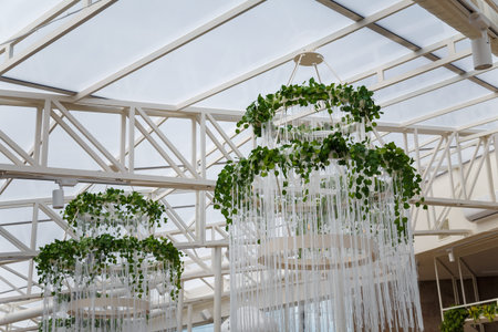 Beautiful white chandeliers with decorative artificial green ivy plant in outdoors restaurant interiorの写真素材