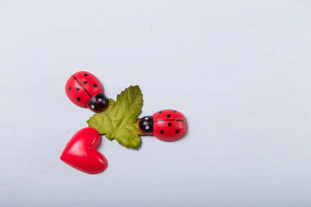 Decorative tiny red ladybugs on green leaf with red heart. Spring and love, first date, Valentines day concept. Copy space.の写真素材