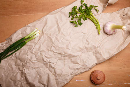 Green onions, garlic, parsley and salt pot on paper and wooden table. Old cottage house dinner or lunch concept. Traditional meal, fresh organic food concept.の写真素材