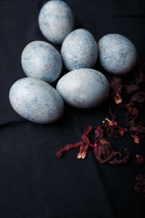 Beautiful DIY blue painted Easter eggs, dry Hibiscus tea flowers. Easter black fabric background. vertical close-up shotの写真素材