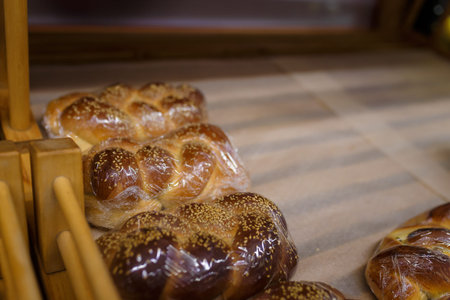 Sweet buns with sesame seeds in plastic packages on wooden shelf in supermarket, grocery department...