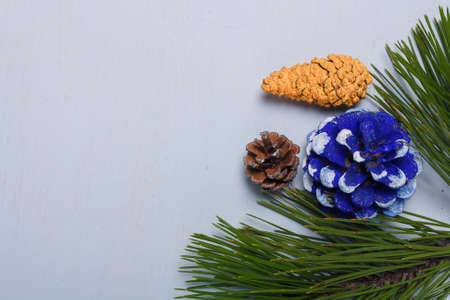 Eco friendly Christmas, New Year decorations, multicolored painted natural pine, fir cones, no plastic concept. Copy space.の写真素材