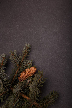 Blue fir tree branch with big cone on grey wooden background. Christmas blank card, copy space,...