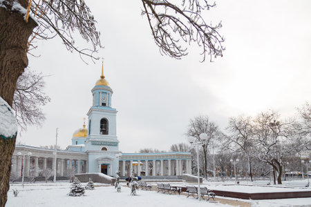 Izmail, Ukraine. February 2022. Winter city landscape and Orhtodox Saint-Pokrov cathedral church. Beautiful historic architectureのeditorial素材