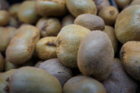 Kiwi in box in grocery department of supermarket, store, shop, shopping center. Exotic fruit Close up shotの写真素材