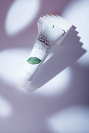 Izmail, Ukraine. May 2022. Median Pleasia green tea breath care tooth paste natural fresh, tube on...