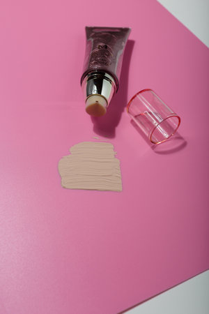 Izmail, Ukraine. March 2022. MISSHA SPF 25 BB Cream tube on pink background. Face skin care cosmetics, make up smeared sampleのeditorial素材