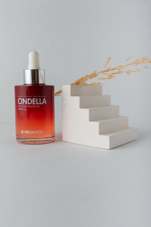 Izmail, Ukraine. March 2022. Medi-Peel Cindella multi-antioxidant ampoule, serum bottle with peptides on white background. Face skin careのeditorial素材