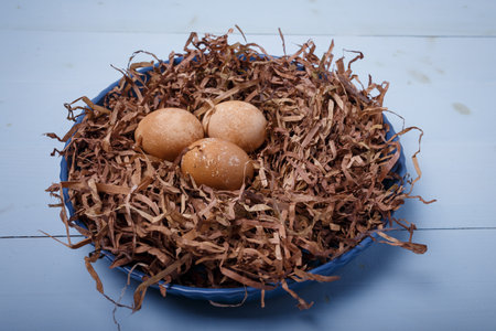 Plate decorated as bird nest with brown colored eggs on blue background. Happy Easter, spring timeの写真素材