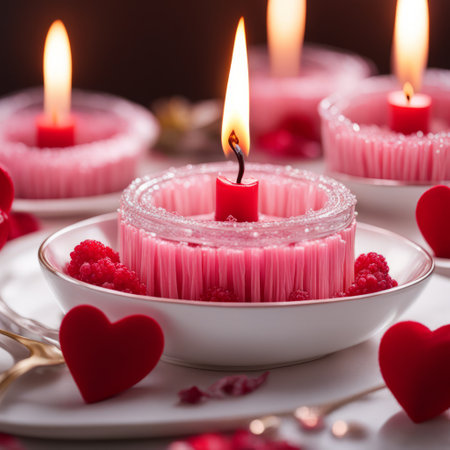 Valentine's Day background with red candles and hearts, selective focus.の素材
